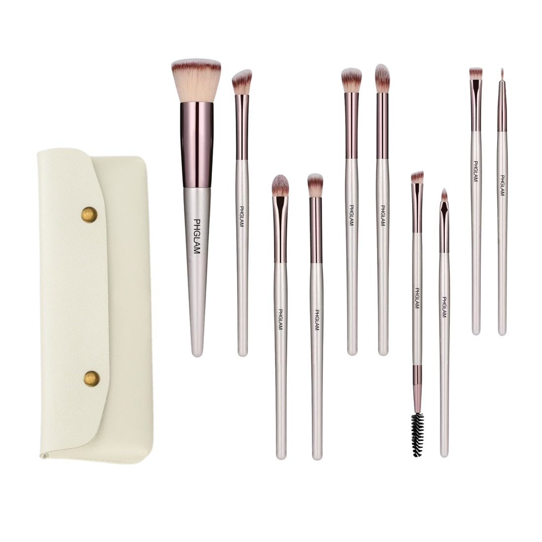 Set of makeup brushes with a cream-colored case on a white background