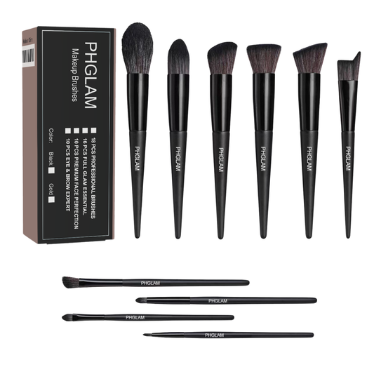 Set of makeup brushes with PHGLAM packaging on a white background