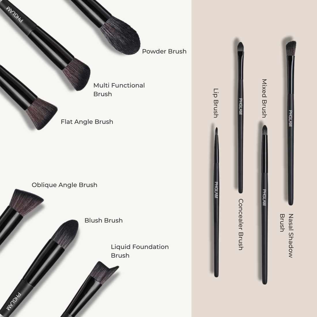 Set of makeup brushes with labels on a beige background