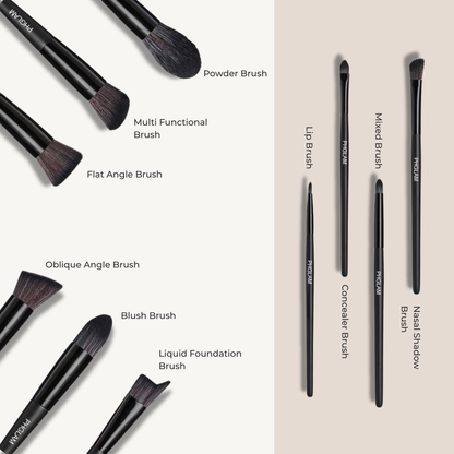 Set of makeup brushes with labels on a beige background