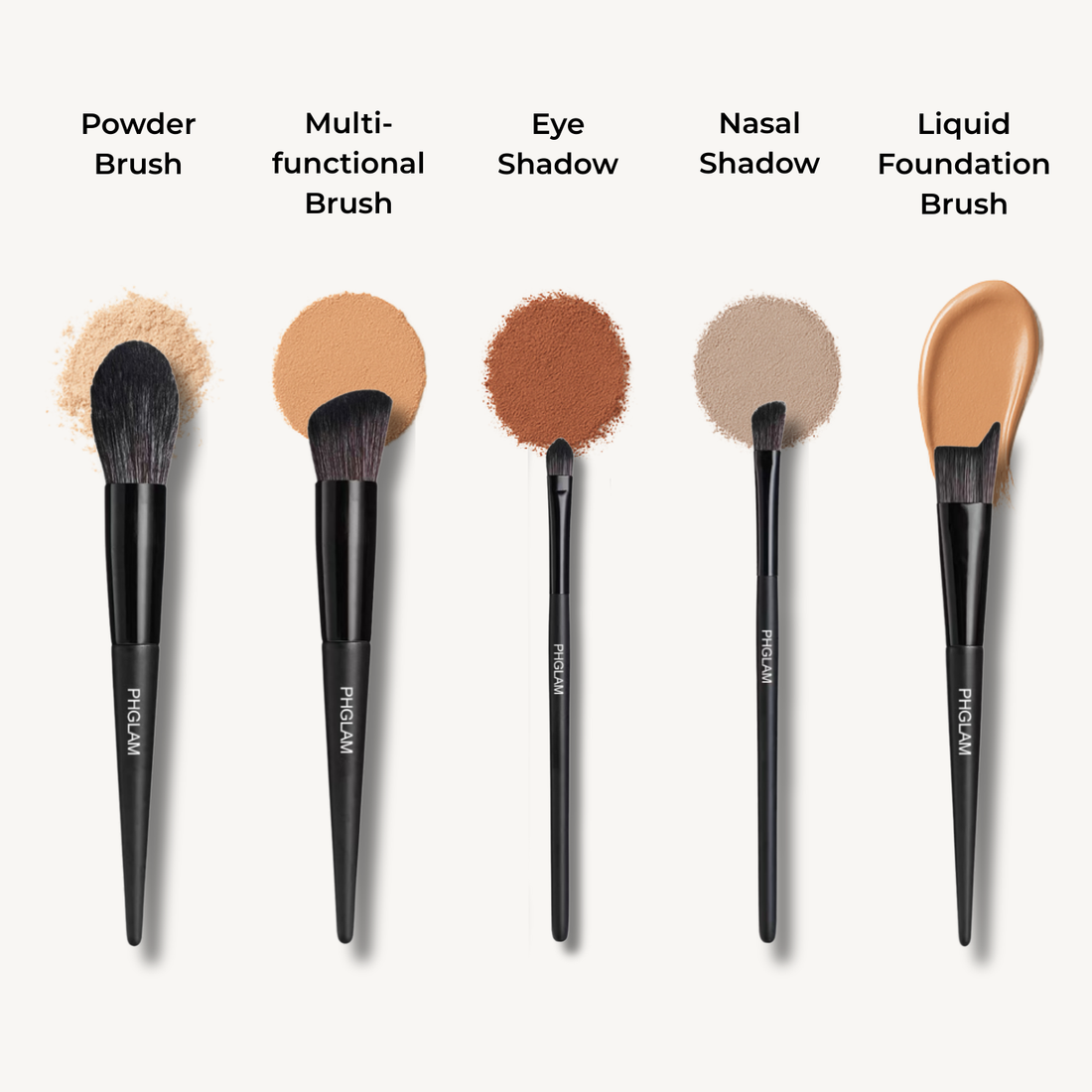 Set of makeup brushes with colored powder on bristles, labeled for use.