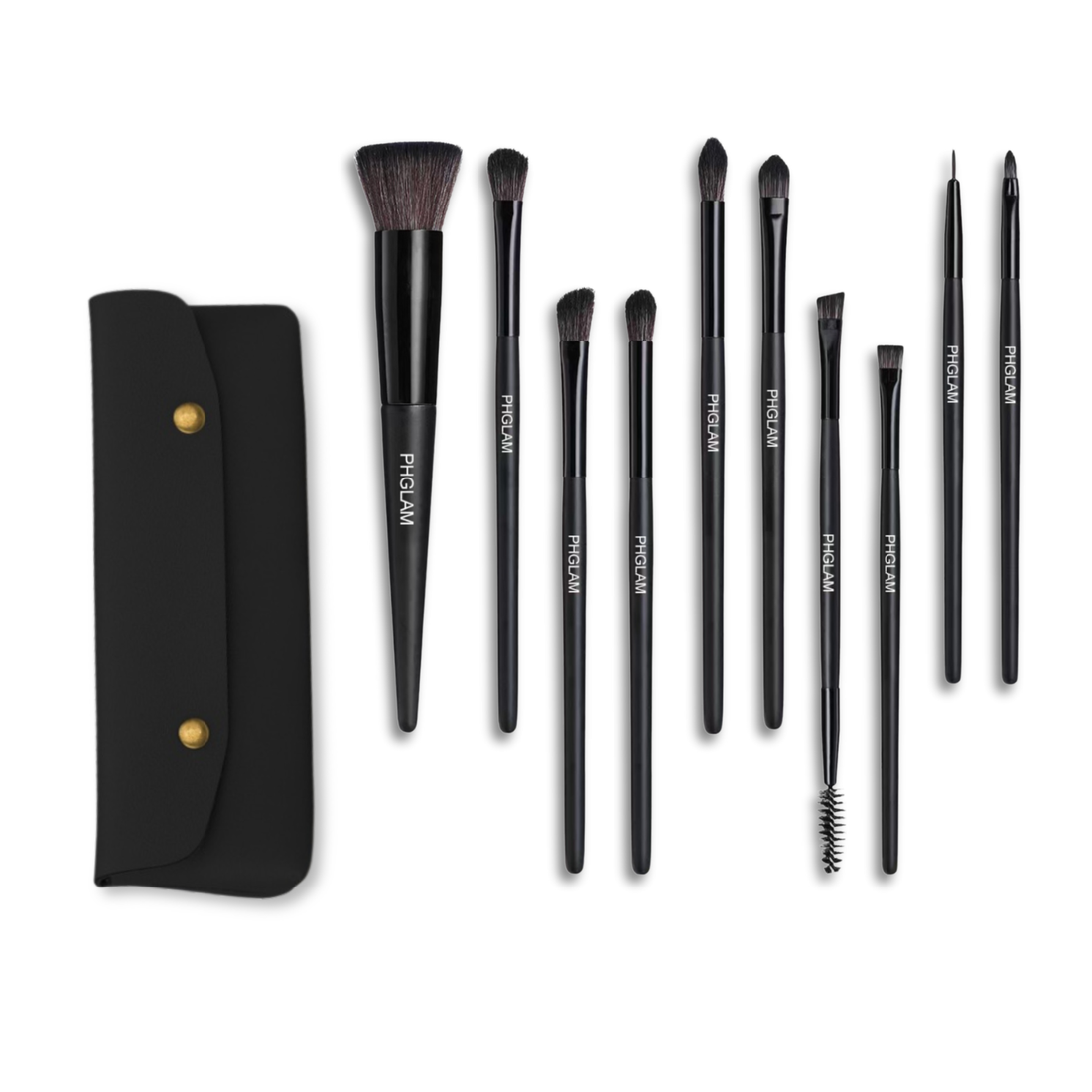 Set of black makeup brushes with a black case on a white background