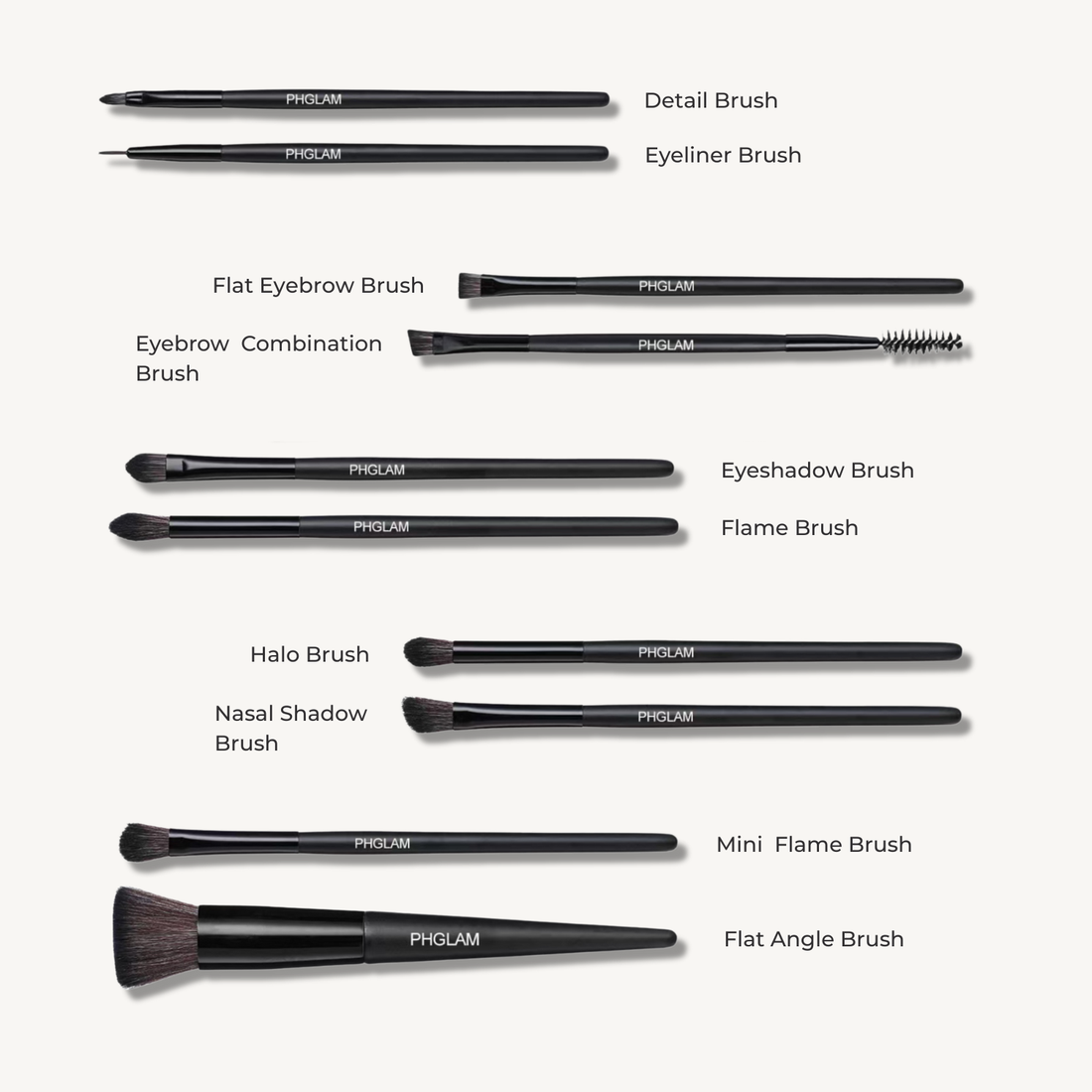 Set of PHGLAM makeup brushes with labels on a white background