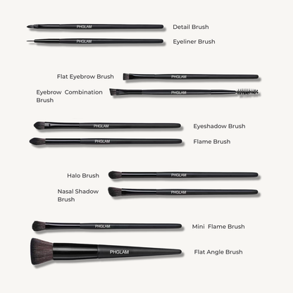 Set of PHGLAM makeup brushes with labels on a white background