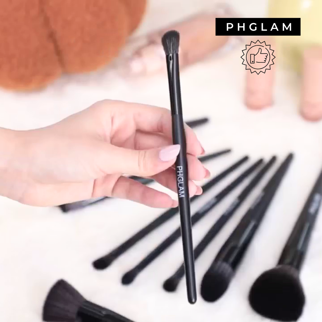 Makeup brushes with 'PHGLAM' branding on a white background
