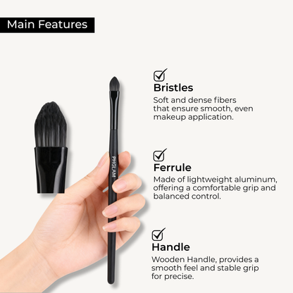Makeup brush with text highlighting bristles, ferrule, and handle features on a white background.