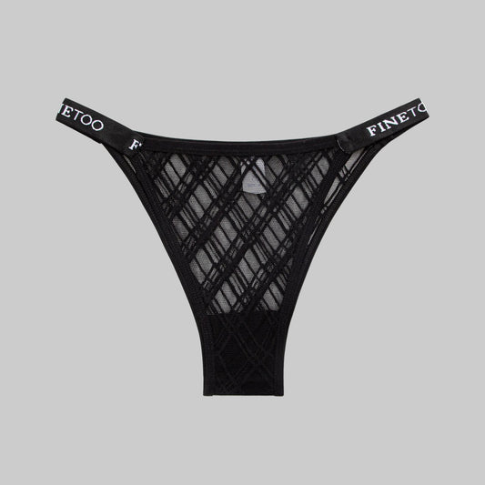 Black mesh thong with brand names on a white background