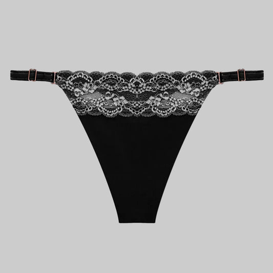 Black lace thong on a white background