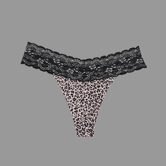 Black lace thong with leopard print pattern on a white background