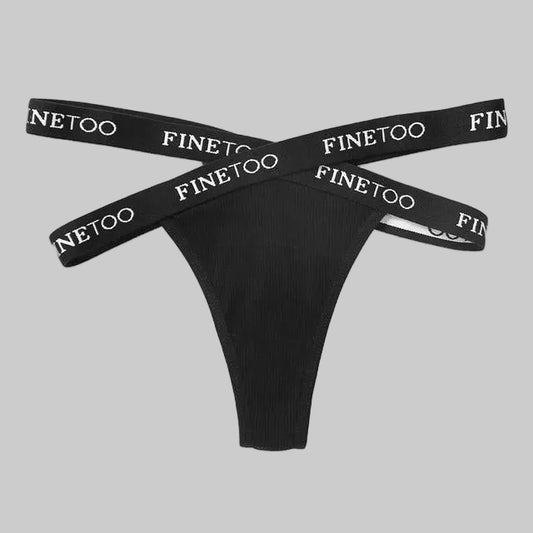 Black thong with 'FINETOOL' waistbands on a white background