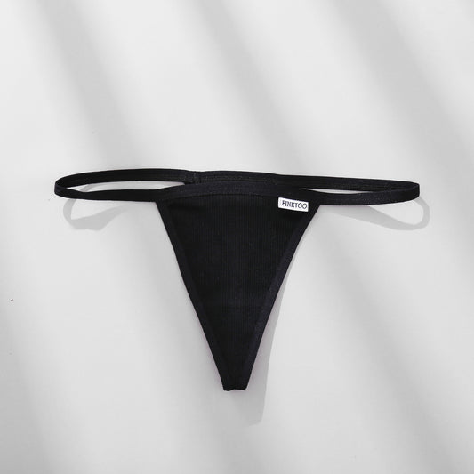 Black thong with brand label on a white background
