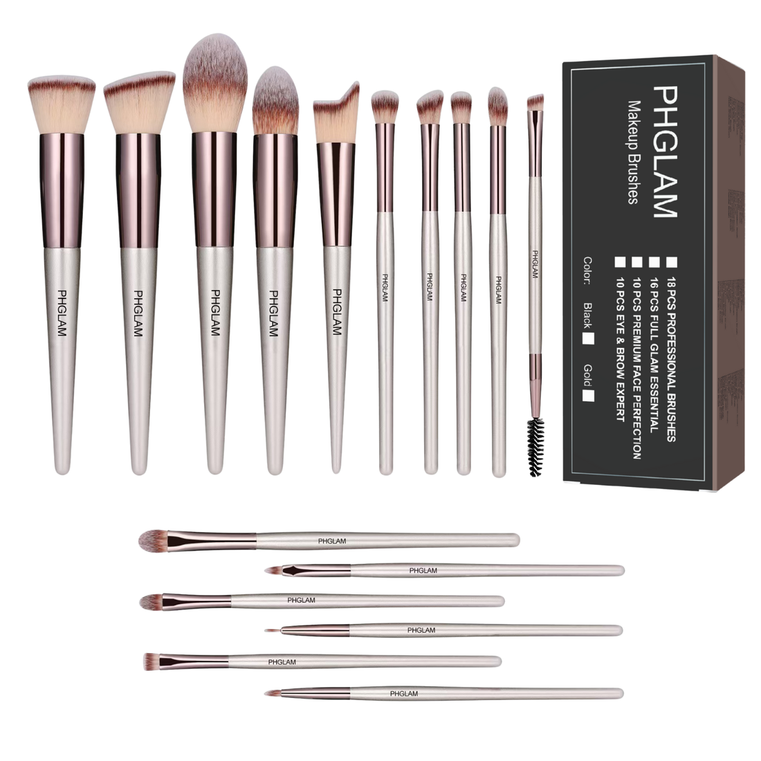 Set of makeup brushes with PHGLAM branding and a box on a white background