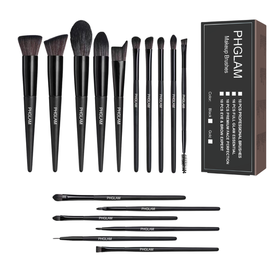 Set of black makeup brushes with PHGLAM branding and a box on a white background.