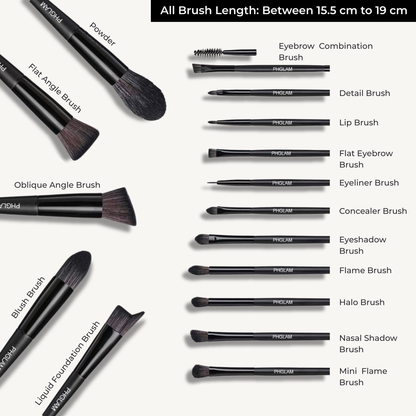 Collection of makeup brushes with labels on a white background