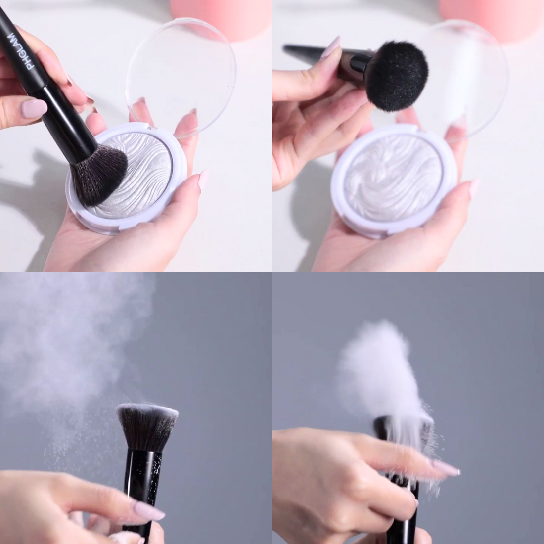 Collage of a makeup brush being used with a powder container on a white background.