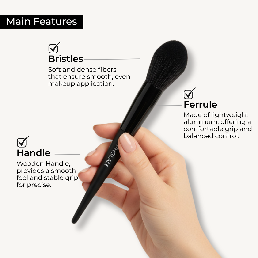 Black makeup brush held by a hand with text highlighting features on a white background