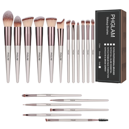 Set of makeup brushes with PHGLAM branding and a black box packaging.