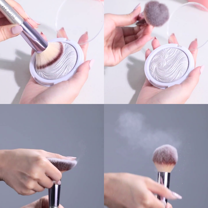 Makeup brush being used with a compact powder, shown from multiple angles.