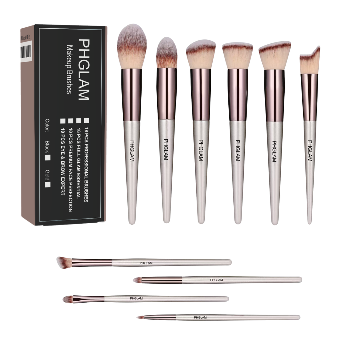 Set of makeup brushes with PHGLAM packaging on a white background