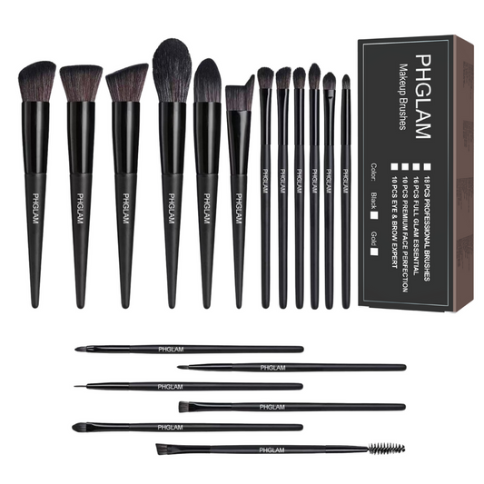 Set of makeup brushes with a PHGLAM branded box on a white background