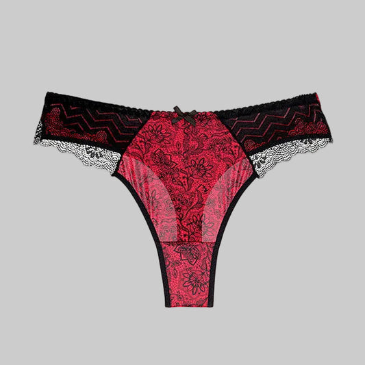 Red lace underwear with black patterns on a white background