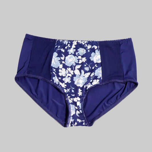 Blue floral-patterned underwear on a white background