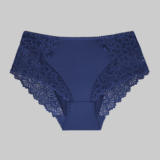 Navy blue lace-trimmed underwear on a white background