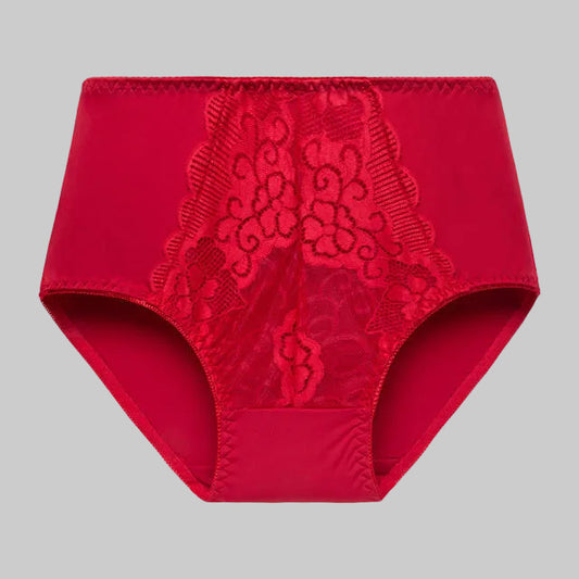 Red women's underwear with lace detailing on a white background