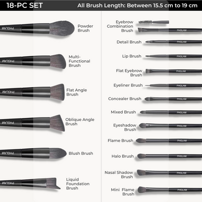 18-piece makeup brush set with names and descriptions on a white background