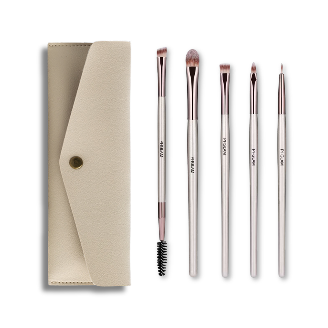 Set of makeup brushes with a beige case on a white background