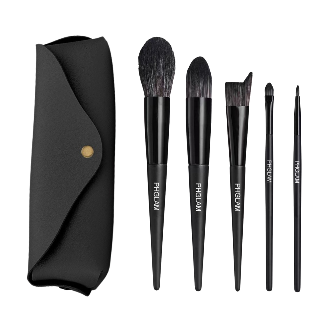 Set of black makeup brushes with 'PHGLAM' branding on a white background