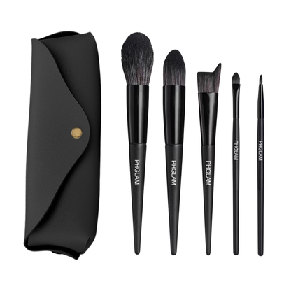 Set of black makeup brushes with 'PHGLAM' branding on a white background