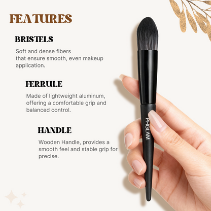 Makeup brush with text describing features on a white background