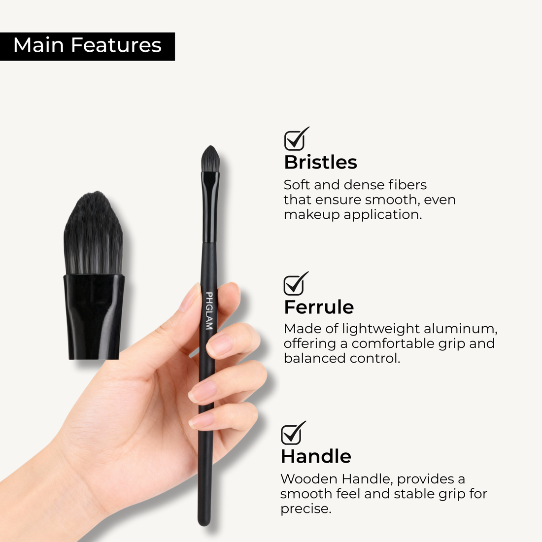 Makeup brush with labeled features on a white background