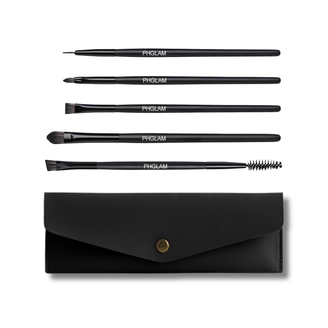 Set of black makeup brushes with a black case on a white background