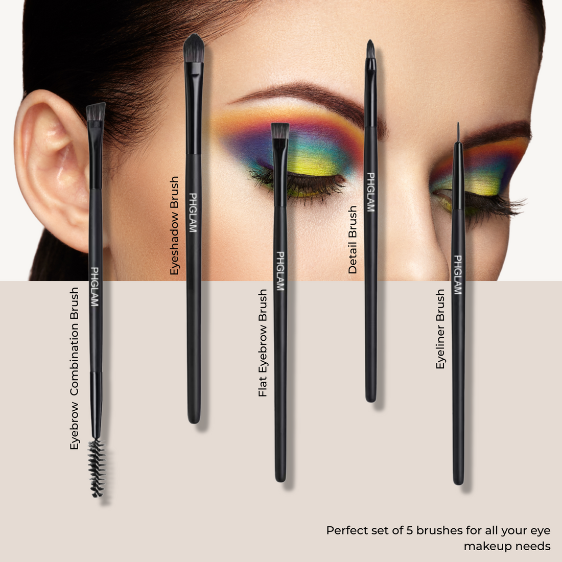 Set of 5 makeup brushes with a close-up of an eye being used, on a neutral background.