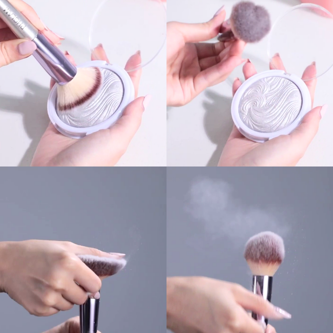Collage of hands using a makeup brush with a container of white cream.