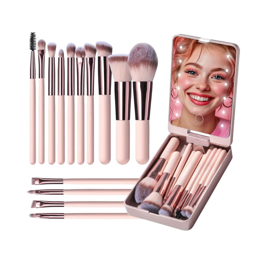 Set of makeup brushes with a mirror case on a white background