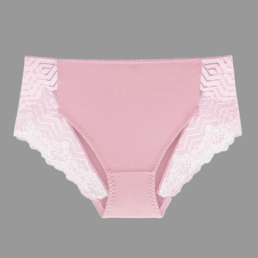 Pink underwear with lace trim on a white background
