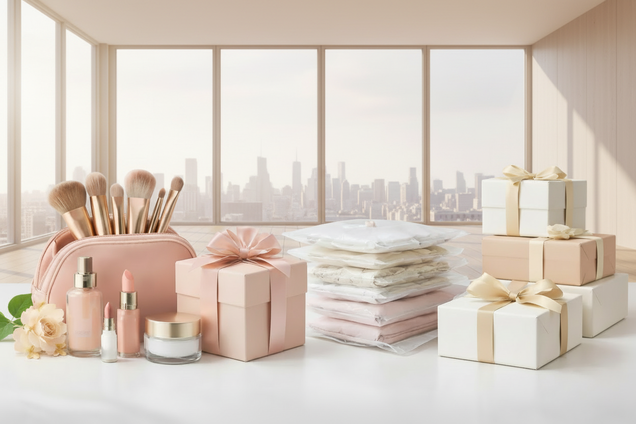 Cosmetic set with brushes, skincare products, and gift boxes in a bright room with large windows.