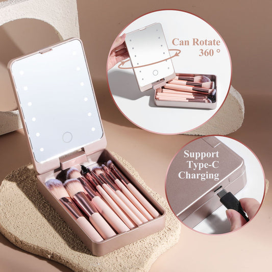 Makeup brush set with a charging cable and 360-degree mirror on a beige background