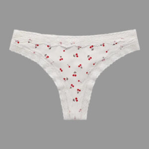 White lace thong with red cherry pattern on a white background