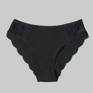 Black ribbed underwear with lace trim on a white background
