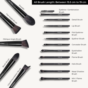 Collection of makeup brushes with labels on a white background