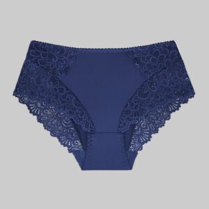 Navy blue lace-trimmed underwear on a white background