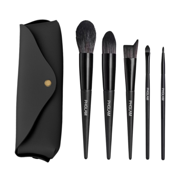Set of black makeup brushes with 'PHGLAM' branding on a white background