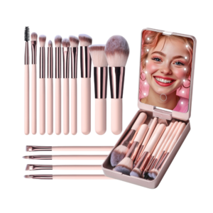 Set of makeup brushes with a mirror case on a white background