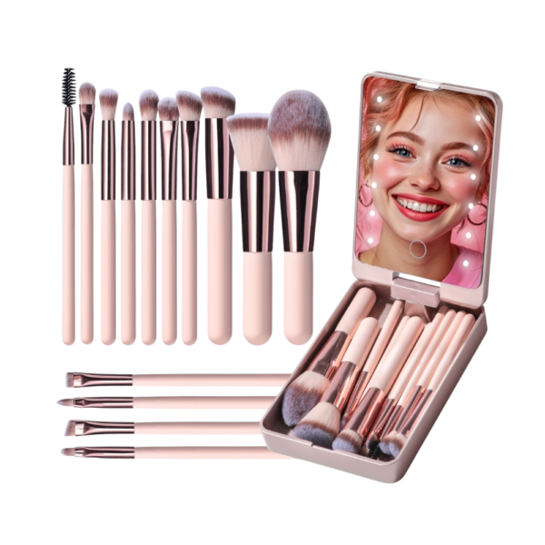 Set of makeup brushes with a mirror case on a white background
