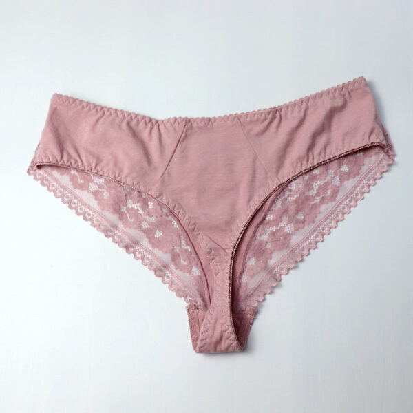 Pink lace-trimmed underwear on a light gray background